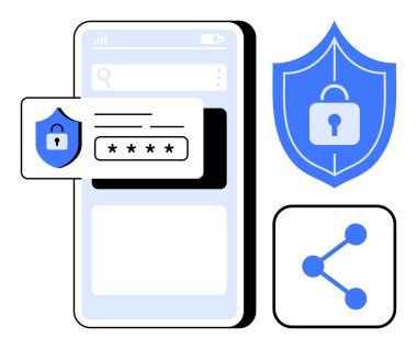Şifre alanıyla akıllı telefon arayüzü, güvenlik kalkanı ve veri paylaşım simgesi. Siber güvenlik, veri gizliliği, kimlik doğrulama, uygulama geliştirme, kullanıcı güvenliği, basit iniş teknolojisi için ideal