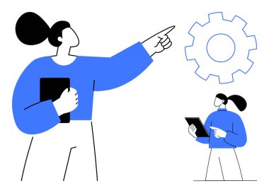 Kendine güvenen bir kadın, elinde tablet tutan başka bir figürle birlikte bir vites simgesine doğru hareket eder. Takım çalışması, teknoloji, yenilik, strateji, ilerleme, liderlik, basit iniş sayfası için ideal