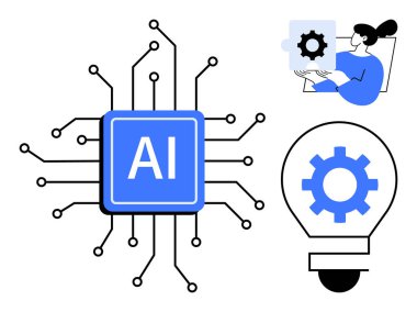 Yapay zeka işlemci düğümleri, insan dişli bulmacası, dişli ampul. Teknoloji, yenilik, makine öğrenimi, problem çözme, yaratıcılık, takım çalışması dijital dönüşümler için ideal