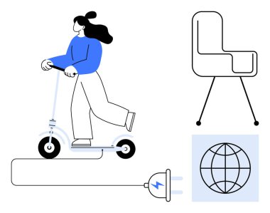 Cihaz ve küreye bağlı elektrikli scooter kullanan bir kadın. Yakınlardaki modern bir sandalye. Sürdürülebilirlik, temiz enerji, yenilik, şehir tasarımı, eko-ulaşım, yeşil yaşam, basit düz metafor için ideal