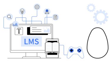 LMS arayüzü, açık bir kitapla tablet, oyun denetleyici, dijital simgeler e-öğrenim, eğitim, gamifikasyon, teknoloji, çevrimiçi kurslar, sanal öğrenim modern için idealdir