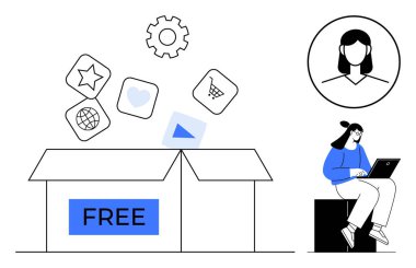 Üzerinde uygulama simgeleri yüzen FREE etiketli kutuyu aç. Dizüstü bilgisayarında gezinen bir kadın ve profil fotoğrafı. Serbest kaynaklar, teknoloji, e-öğrenme, iletişim, iş dünyası, yaratıcılık için ideal basit