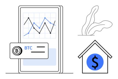 Şifreli grafik ekranlı akıllı telefon ve BTC gereçleri, büyümeyi sembolize eden bitki, dolar işaretli ev. Ticaret, finans, yatırım, teknoloji, kripto para birimi, tasarruf ekonomisi için ideal
