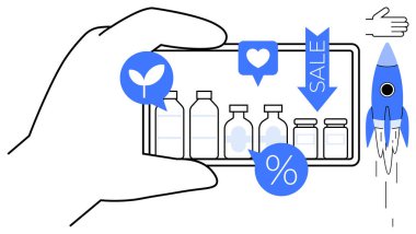 Şişeleri eko yaprak, satış etiketi, yüzde, kalp ve roketle gösteren akıllı telefon. E-ticaret, pazarlama, yenilik, çevrimiçi alışveriş ürünü tanıtımı için ideal