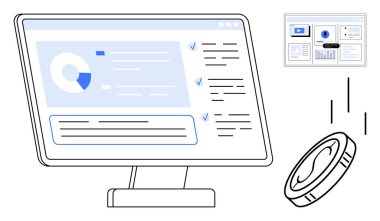Düşen paranın yanında veri tabloları, kontrol listeleri ve analizleri gösteren bilgisayar ekranı. Finans, iş, analitik, yatırım, teknoloji dijital pazarlama ve yönetim için idealdir. Basit düz