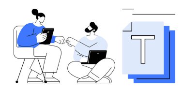 İki meslektaşı dijital tabletler ve dizüstü bilgisayarlarla iletişim kurarak fikirleri tartışıyor ve paylaşıyor. Yakın, istiflenmiş belgeler ve metin simgeleri işbirliği, iletişim ve dijital üretkenliği temsil ediyor