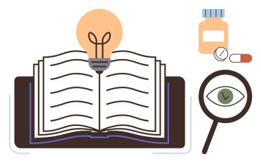 İlaç şişeleri ve hapların yanında fikirleri sembolize eden ampullü açık bir kitap, göz detaylarıyla büyüteç. Öğrenim, araştırma, sağlık, eğitim, yenilik ve keşif için ideal