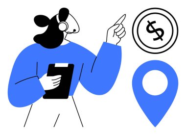 Müşteri hizmetleri temsilcisi dolar simgesini gösteren bir kulaklık takıyor. İş, destek, finans, konum hizmetleri, müşteri bakımı, lojistik için ideal