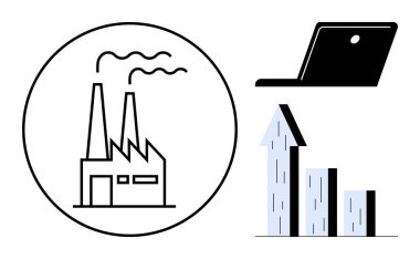 Bacaları duman çıkaran, yükselen büyüme tablosu ve dizüstü bilgisayarı olan bir fabrika binası. Endüstri için ideal, ticari ilerleme, verimlilik, ekonomik büyüme, analiz, teknoloji sade iniş sayfası