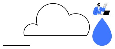 Mavi su damlası olan bir bulut ve dizüstü bilgisayarda çalışan bir adam. Dijital depolama ve bağlantıyı ima ediyor. Bulut hesaplama, uzak çalışma, veri güvenliği, yenilik, sürdürülebilirlik ve teknoloji için ideal