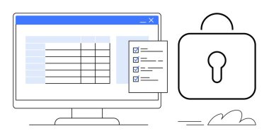 Veri tablosu olan bilgisayar ekranı, işaretli görevleri olan kontrol listesi ve güvenli bilgiyi sembolize eden bir kilit simgesi. Veri yönetimi, mahremiyet, siber güvenlik, dijital güvenlik için ideal