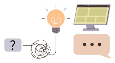 Soru işareti ve arayüze bağlı ampul karmaşık çizgi ile fikirleri, yeniliği ve beyin fırtınasını sembolize ediyor. Yaratıcılık, problem çözme, UX tasarımı, iletişim, strateji, eğitim için ideal