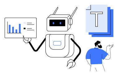 Robot elinde veriler, bir yığın belge, dikkatle dinleyen bir adam. Yapay zeka, otomasyon, teknoloji, eğitim, ofis verimliliği, takım çalışması için ideal basit iniş sayfası