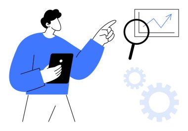 Tablet tutan bir erkek figürü, büyütülmüş grafiğe işaret ediyor, dişli simgeleri görünür. Analiz, iş stratejisi, problem çözme, teknoloji, araştırma eğitimi ekip çalışması için ideal. Minimalist düz