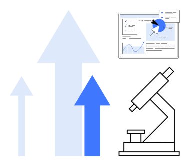 Mikroskop, çizelgeli veri paneli ve araştırma, büyüme, ilerleme, yenilik ve bilimsel gelişmeyi aktaran üç yukarı doğru ok. İş ve eğitim araştırmaları için idealdir. Analizleri başlatır