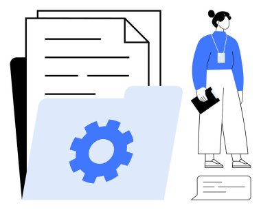 Dişli ikonlu klasör, istiflenmiş belgeler, pano tutan iş kadını ve konuşma balonu. Proje yönetimi, iş akışı, iş çözümleri, takım çalışması, veri organizasyonu verimliliği için ideal