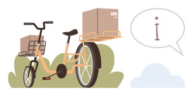 Yeşilliğin yakınına park edilmiş paketleri taşıyan kargo bisikletine bilgi balonu eşlik ediyor. Teslimat için ideal, lojistik, e-hareketlilik, sürdürülebilirlik, iletişim, yeşil yaşayan şehir ulaşımı. Basit.