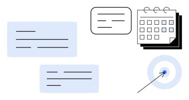 Takvim, konuşma balonu, notlar ve hedef ok planlama ve hedef başarısını iletir. Organizasyon, verimlilik, zaman yönetimi, iş stratejisi, iş akışının sadeleştirilmesi için ideal