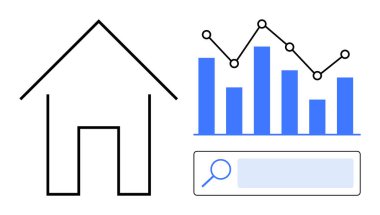 Minimalist ev taslağı, veri hattı olan bar çizelgesi ve arama çubuğu arayüzü. Gayrimenkul, piyasa analizi, mülkiyet eğilimleri, konut istatistikleri, veri görselleştirme, basit dijital araçlar için ideal