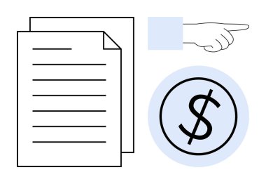 Belgeler, işaret eden bir el ve bir dolar işareti. Finans, iş, sözleşmeler, ödeme, talimat bütçesi için ideal. Basit düz metafor