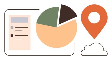 Üç bölümlü turta şeması, yer belirleyici, bulut şekli, ve veri işlemeyi gösteren bir liste, yer-tabanlı analitik, ya da bulut tabanlı raporlama. İş, pazarlama ve analitik için ideal