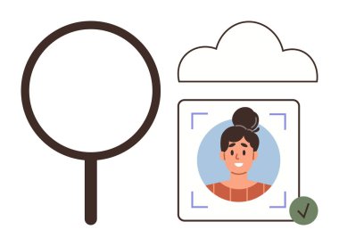 Bulutun yanındaki büyüteç, yüz tanıma sistemi ve doğrulama işaretli bir portre içeriyor. Kimlik doğrulama, biyometri, veri güvenliği, bulut depolama, yapay zeka için ideal