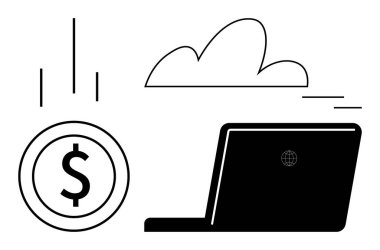 Dizüstü bilgisayar, dolar parası, dijital finans ve veri depolamayı temsil eden bulut çizgileri. Teknoloji, finans, dijital bankacılık, ticari yenilik, bulut hesaplama, başlangıç büyümesi için ideal