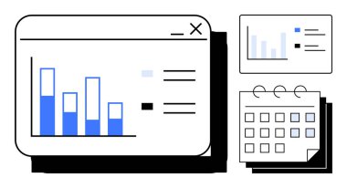 Üç çubuklu çubuk grafik penceresi, organize veri şeması ve takvim ızgarası. Analiz, proje planlaması, üretkenlik, zamanlama, veri görselleştirme, iş stratejisi ve zaman çizelgeleri için ideal