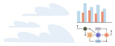 Veri ve otomasyonu temsil eden bağlı düğümler ve simgelerle bar tablosu ve yapay zeka akış şeması. Teknoloji, bilim, analitik, bilgisayar, otomasyon, yenilik, dijital için ideal
