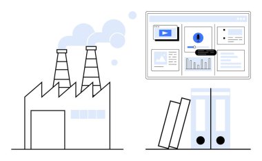 Duman yayan fabrika, dosyalama dosyalarının yanı sıra dosya, alarm ve medya içeren dijital gösterge paneli. Endüstri, veri analizi, teknoloji, üretkenlik iş stratejisi izleme için ideal
