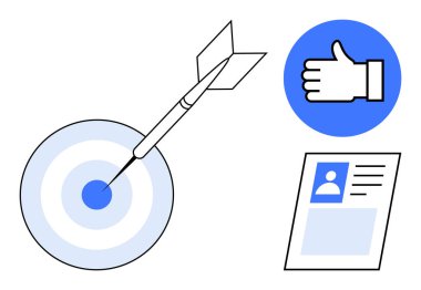 Dart tam on ikon ve profil belgesinin yanına isabet etti. Başarı, hedef belirleme, strateji, hassasiyet, geri bildirim, optimizasyon, başarı için idealdir. Basit bir iniş sayfası için harika.