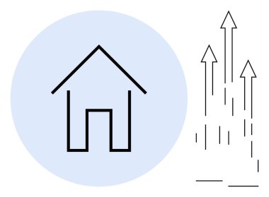 Büyümeyi sembolize eden yükselen oklarla eşleştirilmiş mavi daire arkaplanlı basit bir ev çizgisi. Gayrimenkul, konut iyileştirme, piyasa büyümesi, sürdürülebilirlik ve ilerleme temaları için ideal