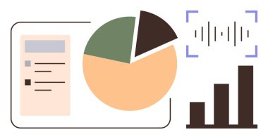 Renkli pasta grafiği, bar çizelgesi ve ses dalgası görüntüsü basit bir rapor düzeninin yanında. İş, analitik, raporlama, mali eğilimler, ses analizi, veri içgörüleri için ideal basit düz metafor