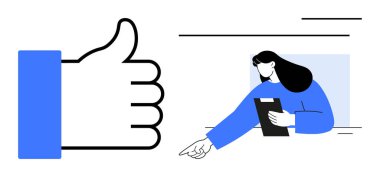 Elinde not panosu ve işaret fişeği olan bir kadın onaylanmak için mavi başparmağıyla işaret veriyor. Takım çalışması, talimat, rehberlik, liderlik, takdir, geri bildirim, basit iniş sayfası için ideal