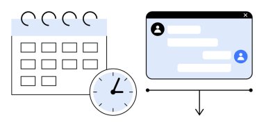 Yanında bir saat olan takvim ızgarası planlama, zaman yönetimi anlamına gelir. Bağlı sohbet penceresi iletişimde ipuçları verir. Üretkenlik, zamanlama, işbirliği, zaman yönetimi, iş akışı, takım için ideal