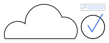 Bulut çizgisi bir arama çubuğu ve daire şeklinde mavi bir işaretle eşleştirilmiş. Bulut teknolojisi, veri güvenliği, çevrimiçi arama, dijital doğrulama, kimlik doğrulama, onay, basit iniş sayfası için ideal