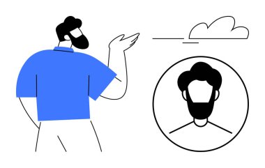 Yukarısında bulut olan dairesel bir avatara doğru hareket eden bir adam, kimliği, ağı ve profil oluşturmayı sembolize ediyor. Sosyal medya, teknoloji, iletişim, temsil, dijital etkileşim için ideal