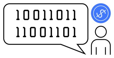 Üzerinde ikili kod ve dolar işareti çemberi olan konuşma baloncuğu olan bir siluet. Kodlama, dijital finans, programlama, engelleme zinciri, kripto para birimi, fintech, basit düz metafor için ideal