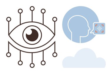 Yapay zeka görüşü için devreleri olan bir göz konuşma teknolojisi için ses analizi yapan bir insan kafası veri depolayan bir bulut. Yapay zeka, teknoloji, yenilik, iletişim, güvenlik ve gelecekteki dijital için ideal