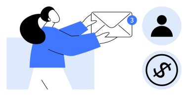 Bir zarf sunan kadın bilgilendirme rozeti, kullanıcı profili ve para sembolü iletişimi, kişisel bağlılığı ve finansmanı ön plana çıkarıyor. E- posta, mesajlaşma, finans, müşteri hizmetleri için ideal