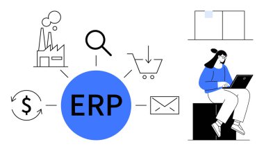 Görevleri birleştiren ERP sistemi fabrika operasyonlarını, alışveriş arabalarını, postaları, finansmanı onaylıyor. Verimlilik için dizüstü bilgisayar kullanan bir kadın. İş, yönetim, verimlilik, organizasyon için ideal