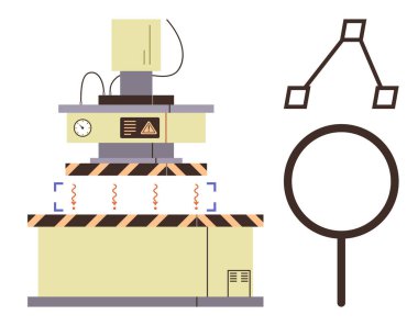 Otomatik endüstriyel ekipman güvenlik göstergeleriyle sinyal yayıyor, yanında da bir büyüteç ve akış şeması var. Otomasyon, işlem kontrolü, güvenlik, analiz, tasarım için ideal