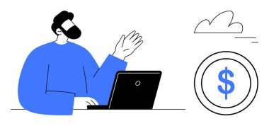 Mavi gömlekli adam dizüstü bilgisayar kullanıyor, el sallıyor, bozuk para sembolü kullanıyor, bağlantı ve finans simgesini temsil eden bulut simgesi. Takım çalışması, uzaktan çalışma, finans uygulamaları, danışmanlık, pazarlama e-ticaret için ideal