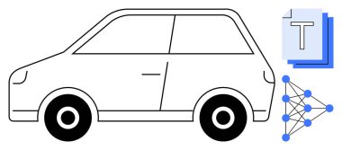 Veri tablolarının ve sinir ağı grafiğinin yanında yapay zeka destekli araçları sembolize eden bir otomobil taslağı. Yapay zeka, otonom sürüş, makine öğrenimi, ulaşım teknolojisi için ideal