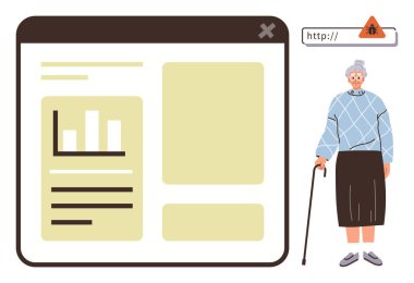 Bastonlu yaşlı bir kadın kötü amaçlı yazılım uyarısı yapan bir web tarayıcısının yanında duruyor. Siber güvenlik, çevrimiçi güvenlik, kıdemli bakım, dijital okuryazarlık, internet riskleri, güvenlik farkındalığı, basit düz alan