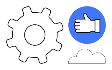 Dişliler işlevselliği gösterir, başparmaklar onay verir ve bulut yenilik önerir. Takım çalışması, verimlilik, olumlu geri bildirim, bulut hesaplama, teknoloji, optimizasyon için ideal