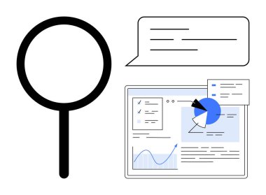 Ekrandaki verileri vurgulayan büyüteç grafikler, pasta grafikleri ve analitik içgörüler. Analiz, araştırma, optimizasyon, strateji, veri görselleştirme ve problem çözme için ideal