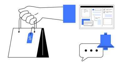 İndirim etiketli el çantası, internet arayüzü, bilgilendirme zili ve konuşma balonu. Perakende, e-ticaret, pazarlama, iletişim ve satış promosyonu için ideal