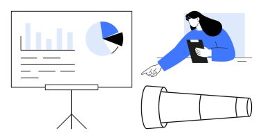 Elinde pano olan kadın ekranı gösteriyor. Grafikler, çizelgeler, metinler. Teleskop uzun vadeli vizyonu temsil ediyor. İş analizi, strateji, takım çalışması, veri içgörüsü ve vizyon için ideal