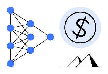 Sinirsel ağ düğümleri ve bağlantılar, soluk daireli dolar işareti ve piramitler. Teknoloji, finans, yapay zeka, analitik, yenilik yatırımı veya karar verme kavramları için idealdir. En az basit düz
